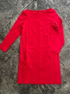 LAVON Vibrant Red Boatneck Long Sleeve Slit-Pockets Stretch Sheath Dress